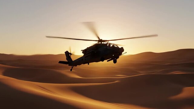 Military attack helicopter flying low over sand dunes in a vast desert during a golden sunset