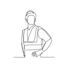 Continuous line drawing of standing building construction worker and engineering man. One line art of architect or engineer mechanic. Vector illustration editable stroke