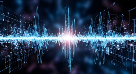 Futuristic digital sound wave visualization with glowing particles on an abstract background, representing audio technology and data