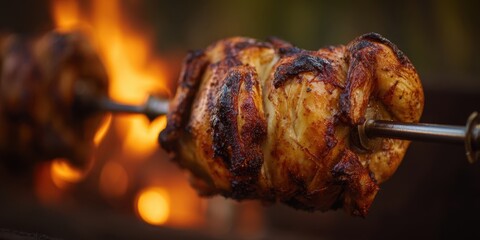 The perfectly roasted chicken on a spit above a fiery grill