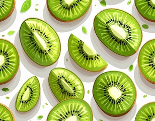 Fototapeta premium Fresh kiwi fruit pattern illustration arranged diagonally. Perfect for backgrounds, fabric designs, or creative projects. Natural and vibrant look adds a refreshing tropical vibe