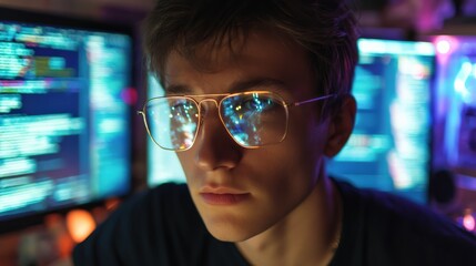Young developer focused on programming, surrounded by glowing screens and neon reflections on eyewear, nighttime workspace