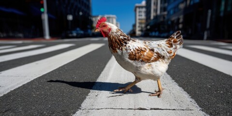The chicken confidently crossing the urban crosswalk in broad daylight
