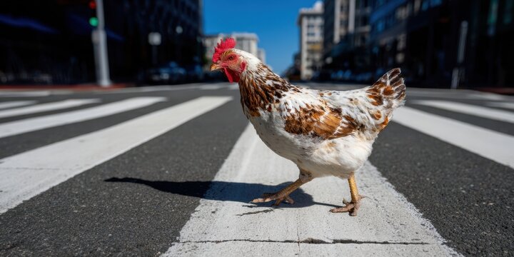 The chicken confidently crossing the urban crosswalk in broad daylight - Powered by Adobe