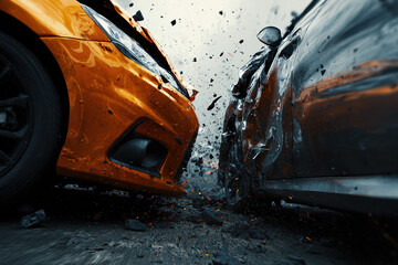 Car collision impact - High-speed crash scene - Vehicle damage concept.
