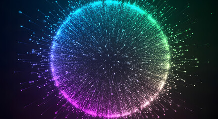 Dynamic sphere of glowing multicolored particles radiating light, an abstract representation of digital information flow and energy burst
