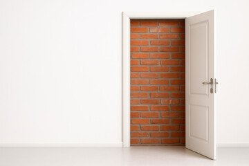 A white door leading to a brick wall. Space for text.