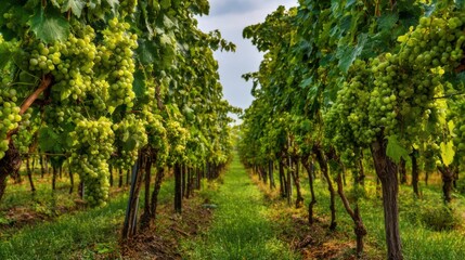 Naklejka premium Green grape clusters hang from rows of vibrant vines in a well-maintained vineyard. The landscape features gentle rolling hills under a clear sky.