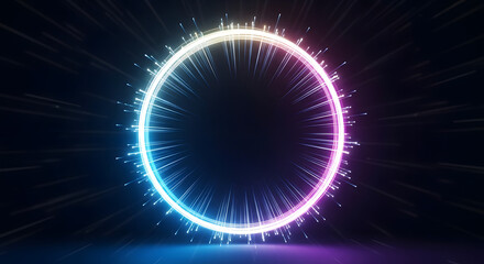 Abstract futuristic background with a glowing circular portal of blue and pink light on a reflective surface