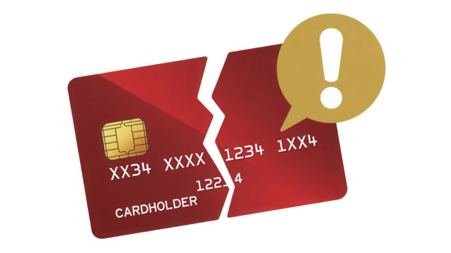 Urgent warning alert for a broken or declined credit card, symbolizing financial crisis, debt, or payment failure with a prominent exclamation mark