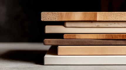 Wooden boards stack in warehouse lighting with depth focus for industrial design