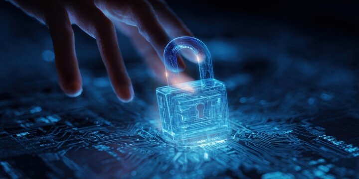 The futuristic lock illuminated by digital technology in a secure environment. - Powered by Adobe