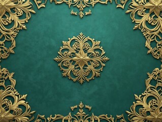 Luxury Golden Baroque Ornament on Dark Teal Velvet Texture Background Elegant Royal Vintage Flourish Pattern Design Concept