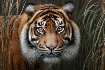 Fototapeta premium Sumatran tiger emerging from tall grass, facing forward