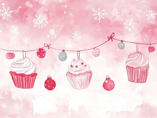 Hand Drawn Watercolor Christmas Cupcakes and Ornaments Hanging on String with Pink Snowflakes Background Festive Holiday Dessert Decoration Concept