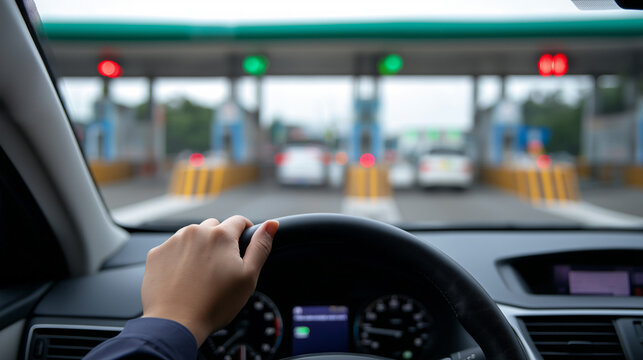 Driver&rsquo;s view inside a car approaching a toll booth with multiple lanes.  
