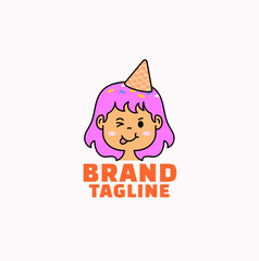 Cute girl cartoon logo with ice cream cone hat for ice cream shop vector illustration