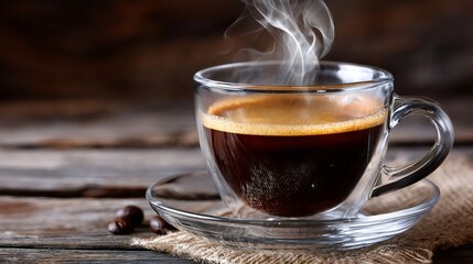 Fototapeta premium Steaming cup of black coffee sitting on rustic wooden table