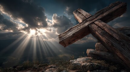 Dramatic sunlight beams through clouds illuminating a wooden cross on a rocky hilltop at sunset