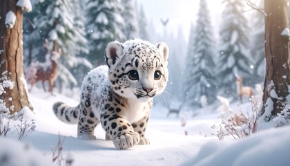Fototapeta premium Cute snow leopard cub in a snowy forest