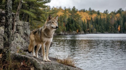 Fototapeta premium A wolf gazes across a calm lake surrounded by vibrant autumn foliage. Trees reflect the changing colors as the animal remains alert on the rocky shoreline.