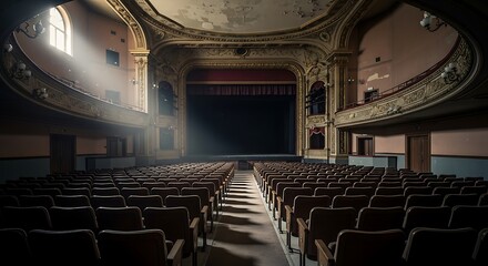 Naklejka premium Grand old theater with rows of seats and ornate architecture inside
