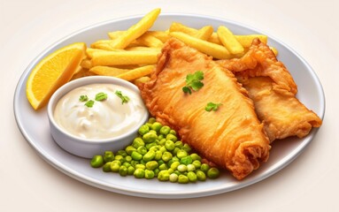 Classic British Fish and Chips Golden and Crunchy Isolated on White Background.