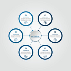 6 circular steps business process connected with 3d circle by line | Infographic business idea visualization for presentation with timeline and icon | Abstract blue color base vector illustration