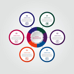 Marketing process visualization with white circle diagram | Business data representation with 6 steps or option four side circular border | Modern vector illustration for web, presentation, report