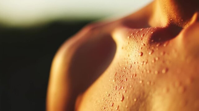 Close-up shot of a wet skin texture with water droplets reflecting sunlight creating a golden hour skin glow