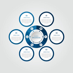 6 circular steps business process connected with 3d circle by line | Infographic business idea visualization for presentation with timeline and icon on fill object | Blue vector illustration
