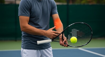 Tennis player experiencing elbow pain, highlighting injury on court with racket and ball during match, medical concept