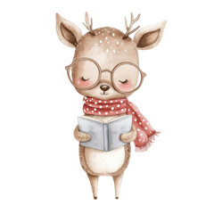 Obraz premium Cute deer wearing glasses and scarf reads book, ready for back to school adventures