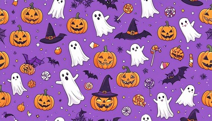 Naklejka premium Cute Halloween Seamless Pattern with Ghosts and Jack O Lanterns.