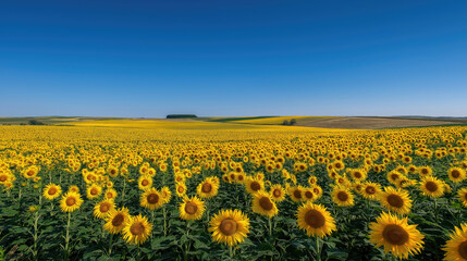 Fototapeta premium Vast sunflower fields stretching to the horizon under blue skies.