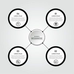 Marketing process visualization with white box diagram | Business data representation with 4 steps or option cycle chart | Black vector illustration for web, presentation, report