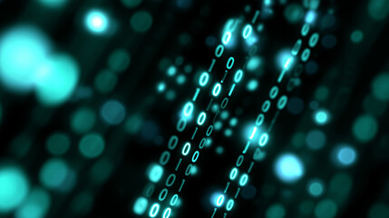 Abstract digital background with flowing binary code in a greenish matrix-like aesthetic.  
