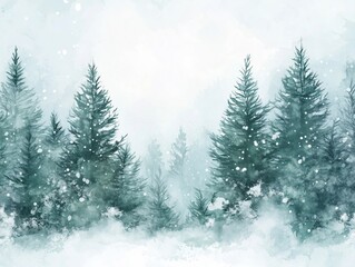 Misty Watercolor Winter Forest Landscape with Heavy Snowfall and Pine Trees Illustration