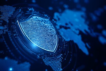 Digital blue background with a world map and security shield symbol, a cyber security concept for online safety or data protection technology in the network system of the global internet. 