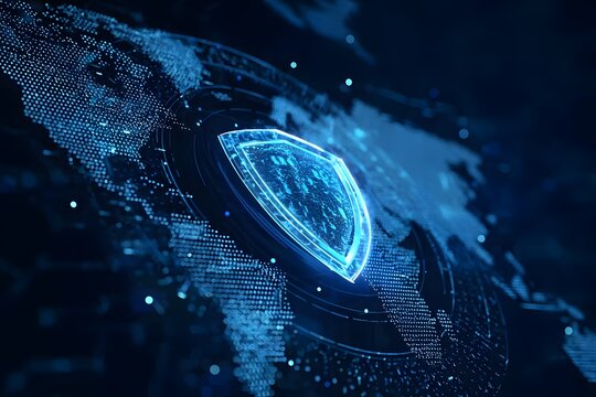 Digital blue background with a world map and security shield symbol, a cyber security concept for online safety or data protection technology in the network system of the global internet. 