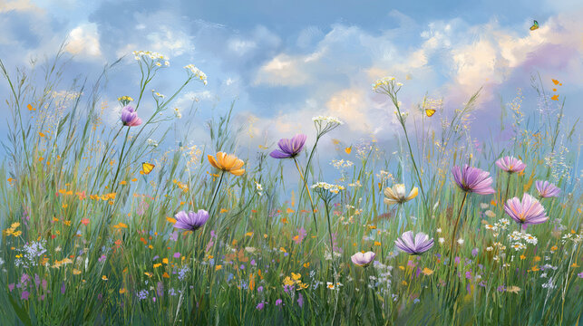Fototapeta Wildflower meadow with butterflies fluttering, soft pastel colors.