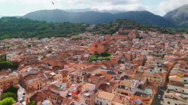 Aerial view of the picturesque town of Pollensa in Mallorca, Balearic Islands, Spain.