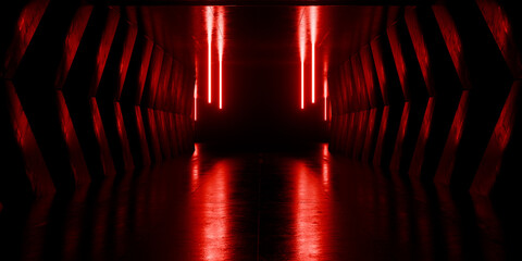 Modern Alien Tunnel Corridor Spaceship Red Glow Lasers Room Garage Hangar Warehouse Sci Fi Futuristic Metal Mesh Panels Structure Stone Floor Showroom Garage Lights 3D Rendering © IM_VISUALS