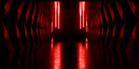 Modern Alien Tunnel Corridor Spaceship Red Glow Lasers Room Garage Hangar Warehouse Sci Fi Futuristic Metal Mesh Panels Structure Stone Floor Showroom Garage Lights 3D Rendering © IM_VISUALS