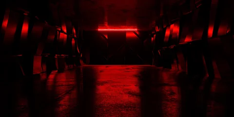 Modern Alien Tunnel Corridor Spaceship Red Glow Lasers Room Garage Hangar Warehouse Sci Fi Futuristic Metal Mesh Panels Structure Stone Floor Showroom Garage Lights 3D Rendering © IM_VISUALS
