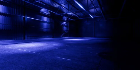 Modern Alien Tunnel Corridor Spaceship Blue Glow Lasers Room Garage Hangar Warehouse Sci Fi Futuristic Metal Mesh Panels Structure Stone Floor Showroom Garage Lights 3D Rendering © IM_VISUALS