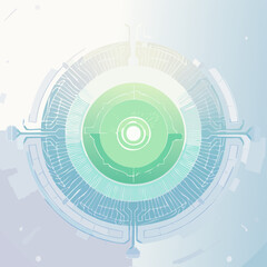 Obraz premium Abstract vector circuit board pattern glowing in mint green and periwinkle arranged in radial symmetry futuristic tech background