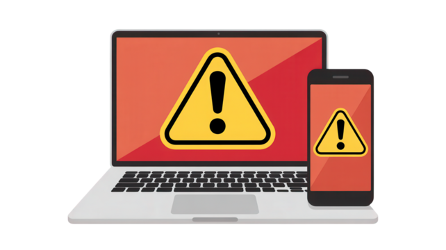 Urgent system alert displayed on laptop and smartphone screens signaling potential digital security threats and urgent warnings requiring immediate attention for data protection