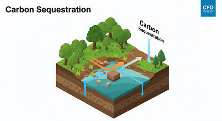 Isometric illustration depicting carbon sequestration process with trees, water flow, and arrows indicating carbon capture.