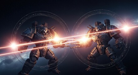 Naklejka premium Cosmic Clash: Two Steampunk Titans in Interstellar Combat